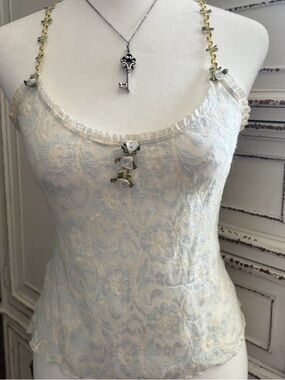 Cream and a hint of blue Lace Camisole with Floral Trim